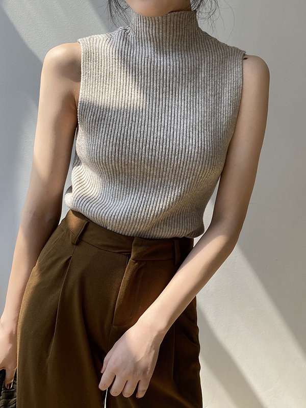 Solid Color Skinny Sleeveless High-Neck Vest Top Knitwear