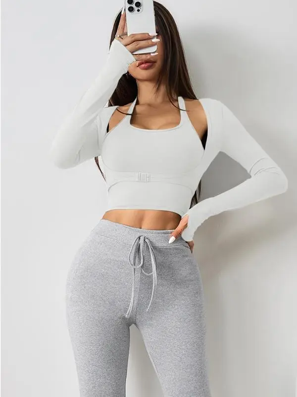 Women's Halter Crop Tank Top & Thumb Hole Sports Tee Set