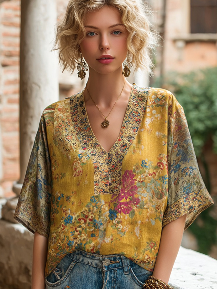 Bohème Color Floral Retro V-neck Linen Short Sleeve