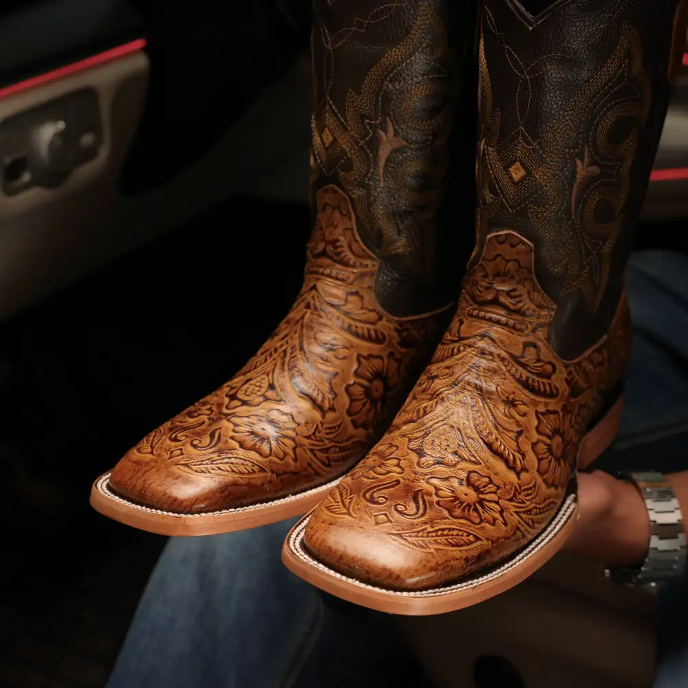 Honey Hand-Tooled Leather Boots — Square Toe