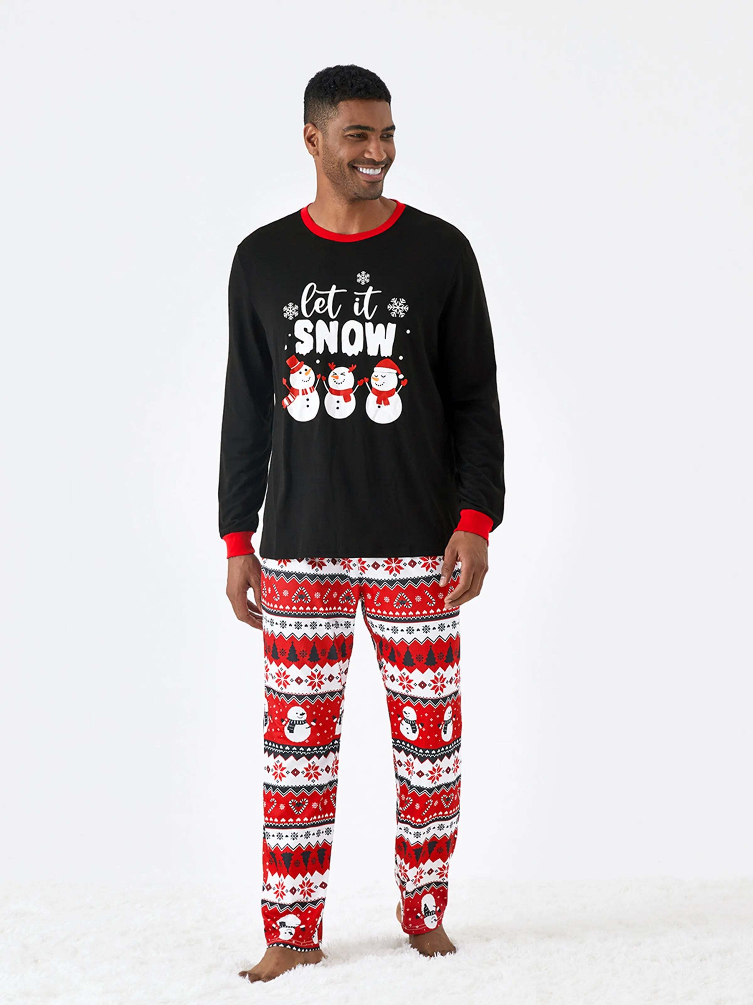 Christmas Family Pajamas Set Snowman Print Long-sleeve PJS with Christmas Socks Black