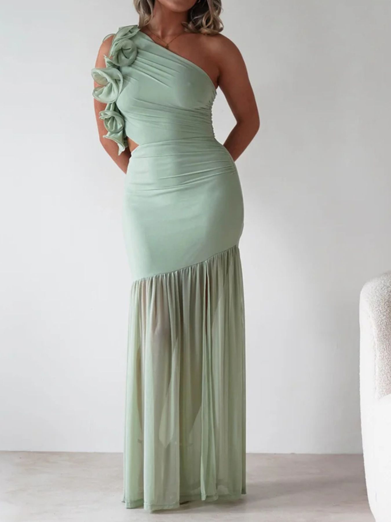 One-Shoulder Ruffle Trim Maxi Dress