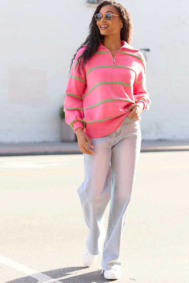 Sunday Stripe Club Pink And Green Quarter Zip