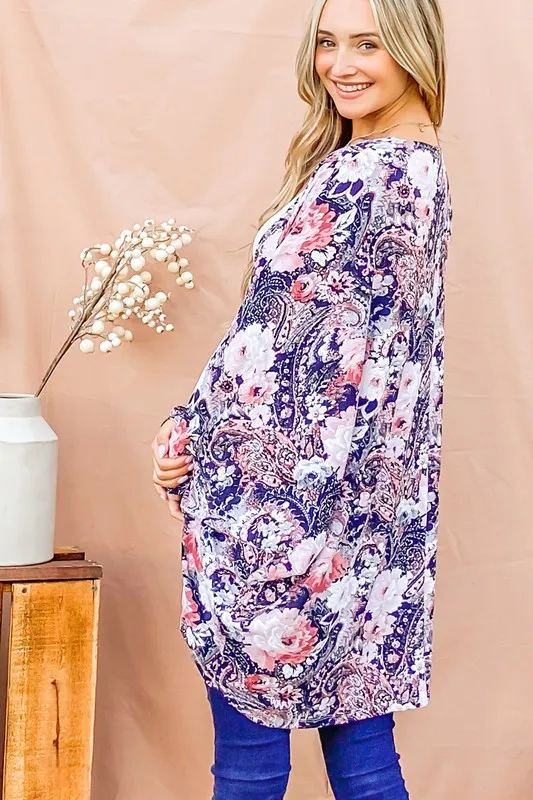 Floral Print Dolman Sleeve Kimono Cardigan