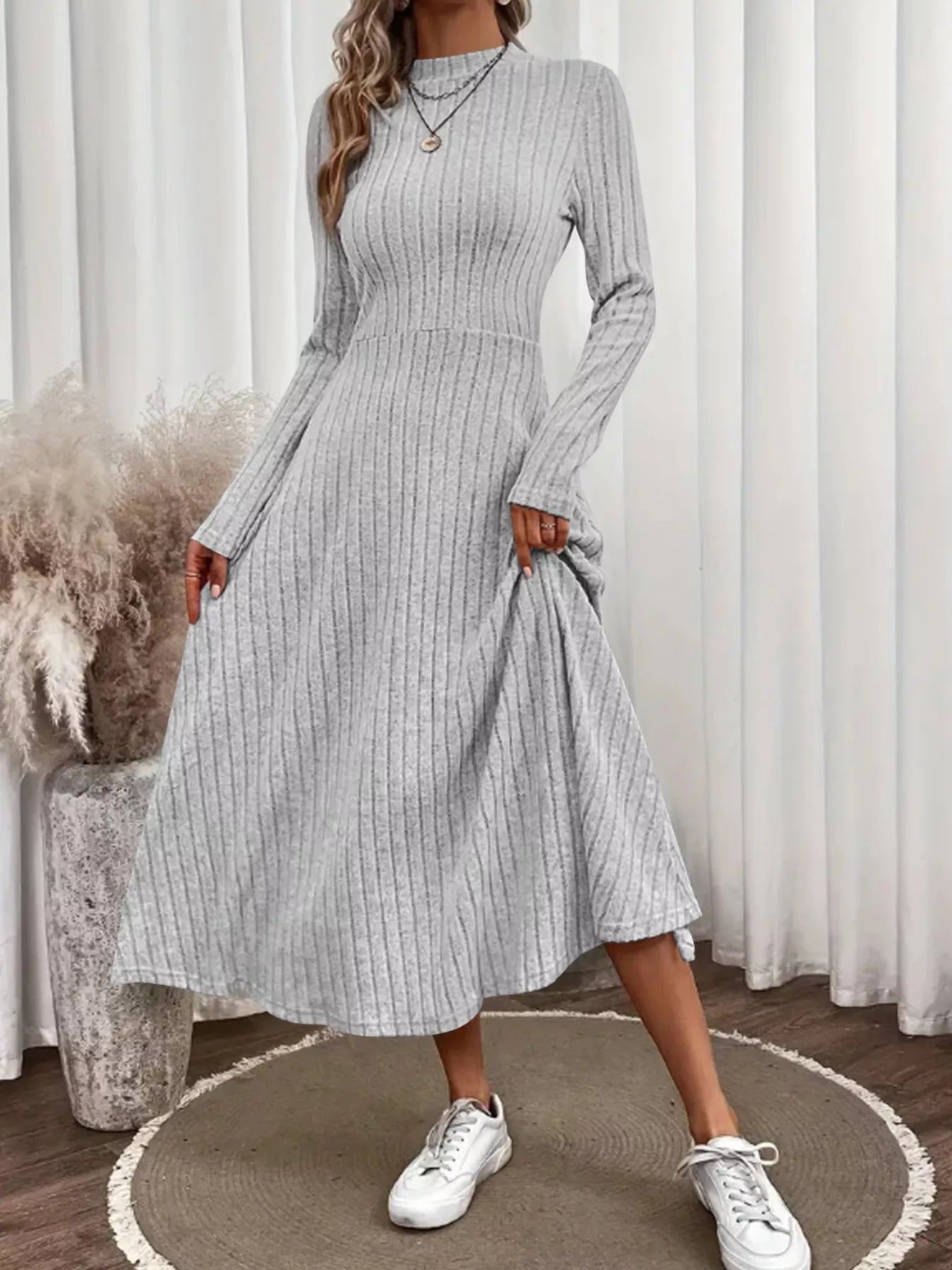 Ribbed Knit A-Line Midi Dress