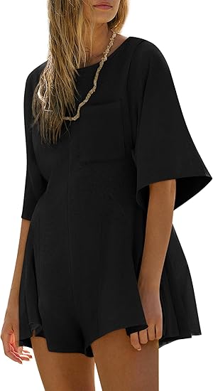 Women Spring Outfits Summer Casual Short Sleeve Crew Neck Loose Jumpsuits with Pocket