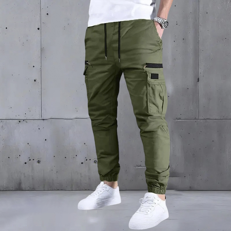 Men’s long cargo pants with a drawstring waist and multiple pockets