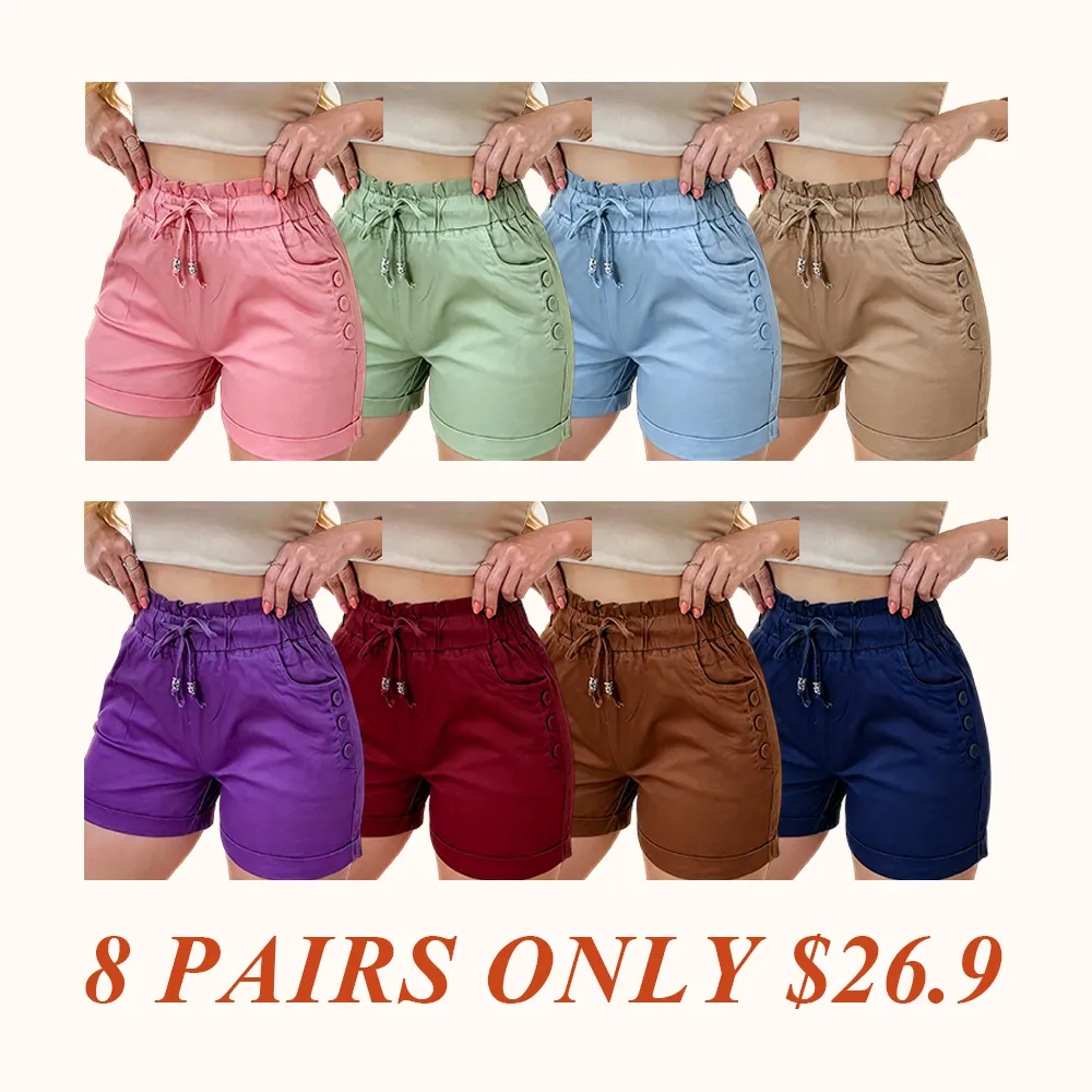 Women's Solid Button Pocket Cargo Fitted Shorts, Casual Elastic Waist Shorts for Summer
