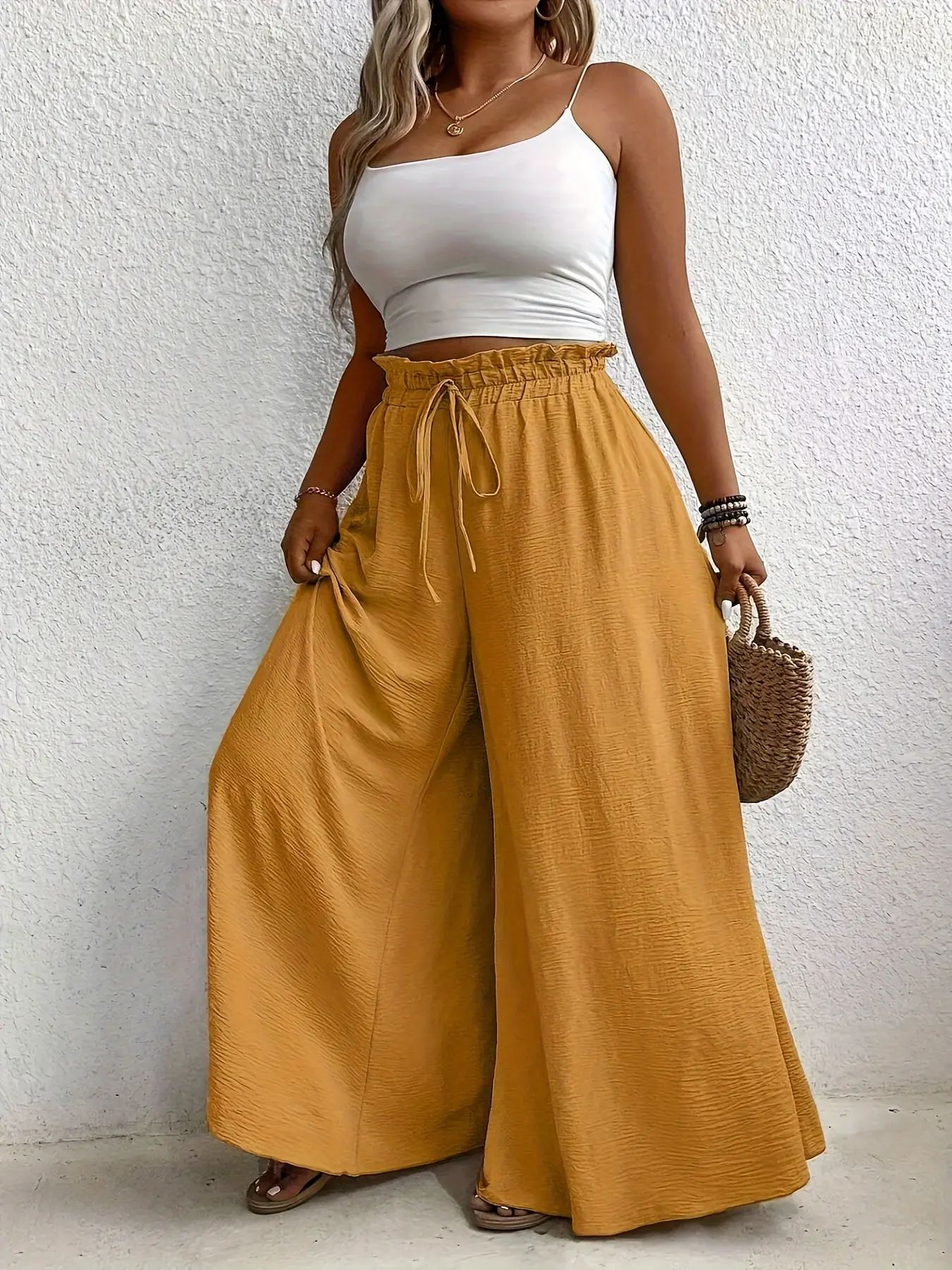 Elegant Plus Size Women's Wide Leg Pants, Loose Fit Commuter Style, Drapey Casual Trousers, Trendy Ladies Fashion