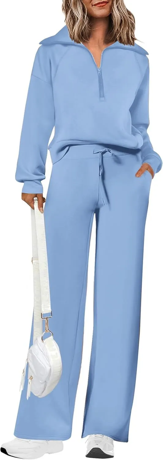 🔥Final Day Clearance!🛒Women's 2 Piece Outfits Casual Lapel Half Zip Sweatshirts And Wide Leg Pants Tracksuit Sets🔥8-PACK ONLY $28🔥