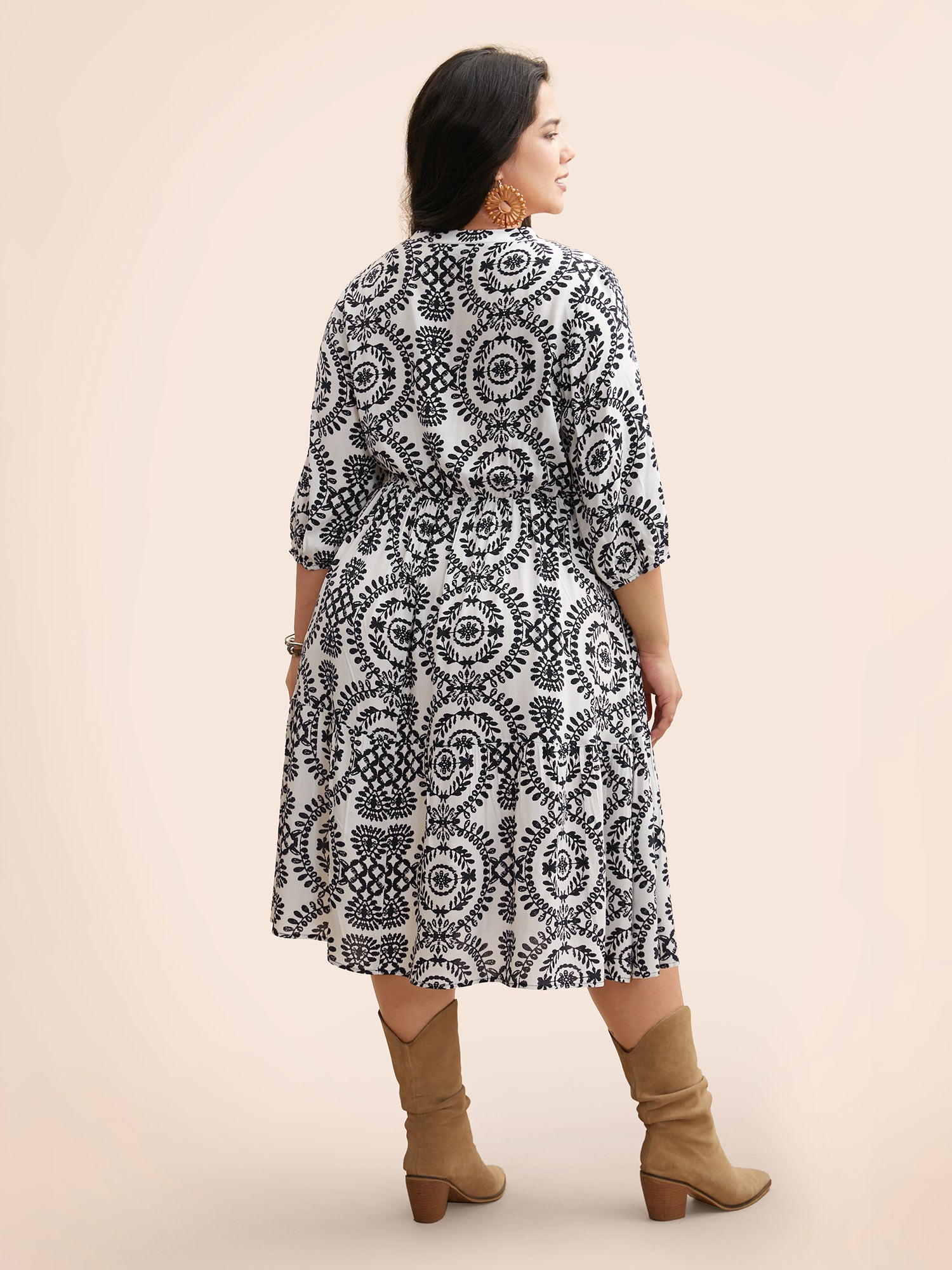 Damask Print Tie Knot Puff Sleeve Dress