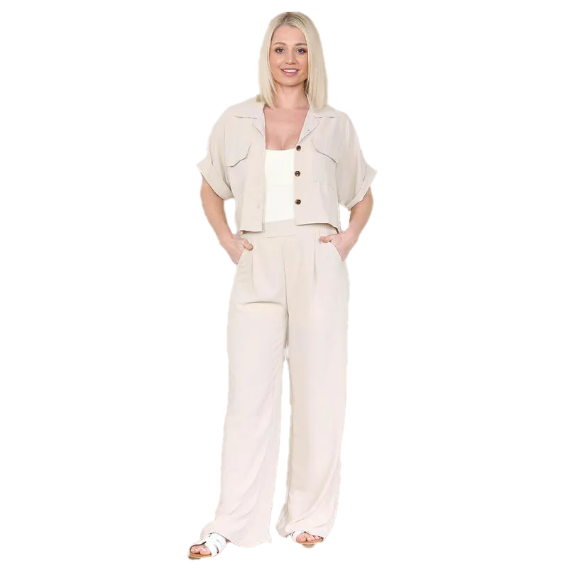 KatchMe Women's Casual Button Front Flap-Pocket Blouse & Wide Leg Trousers Co-ord Set – Crop Short Sleeve Shirt & High Waist Pants Two-Piece Se