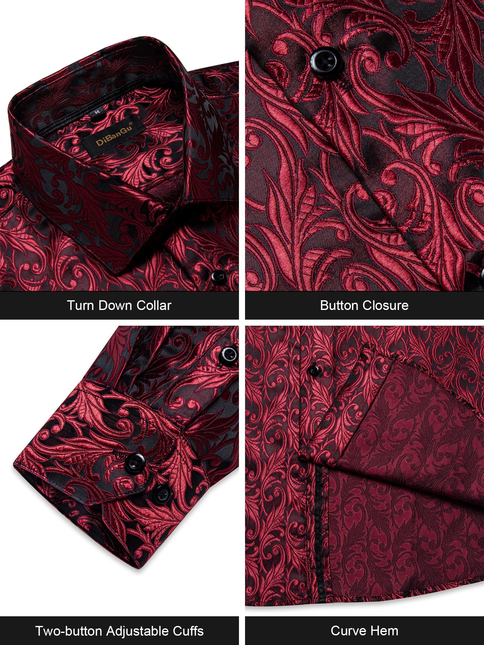 Men's Paisley Dress Shirt Long Sleeve Wrinkle Free Button Down Cowboy Shirts - Wine Red&paisley