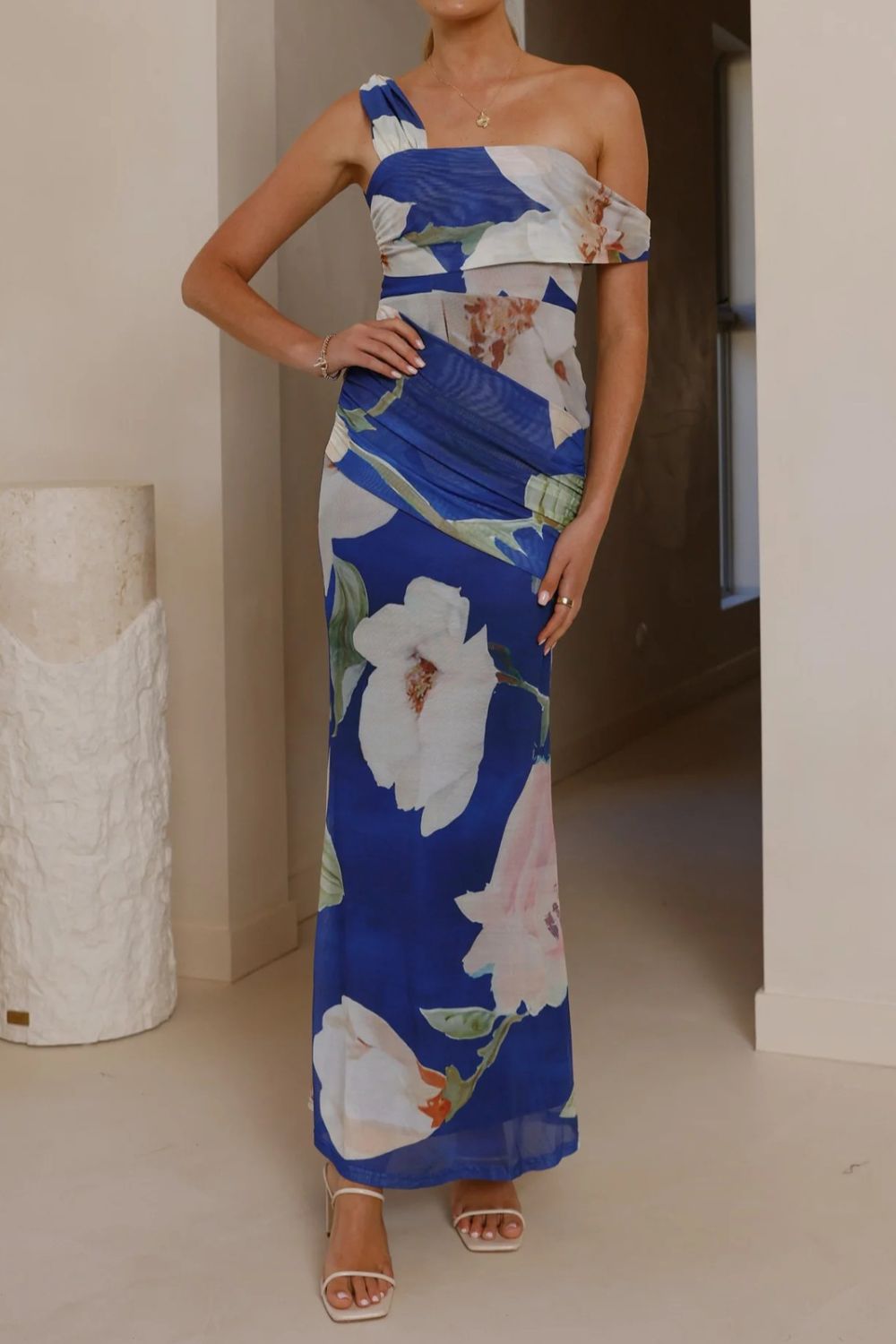 Floral Print One-Shoulder Ruched Maxi Dress
