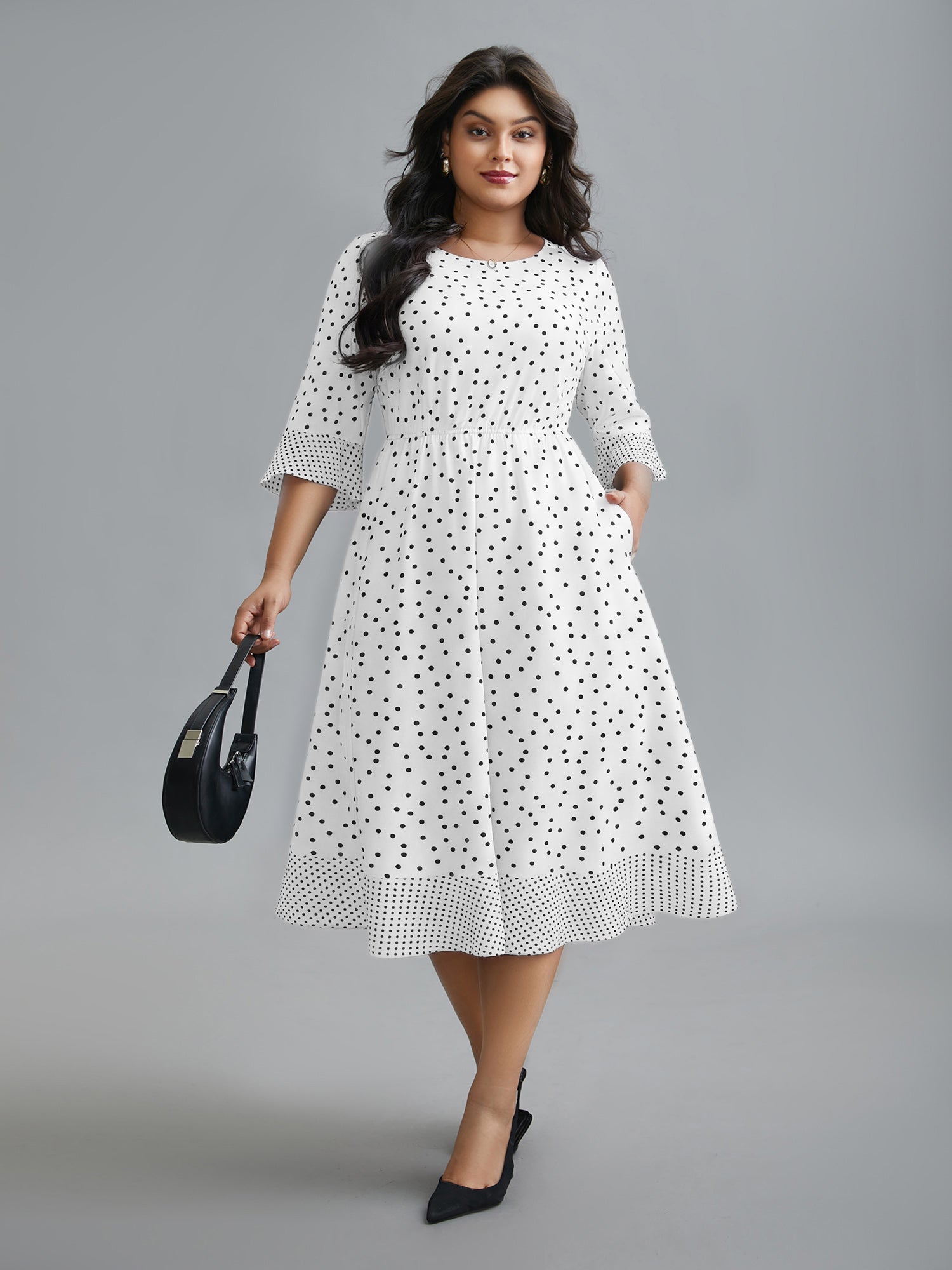 Crew Neck Polka Dot Waist Cinched Dress