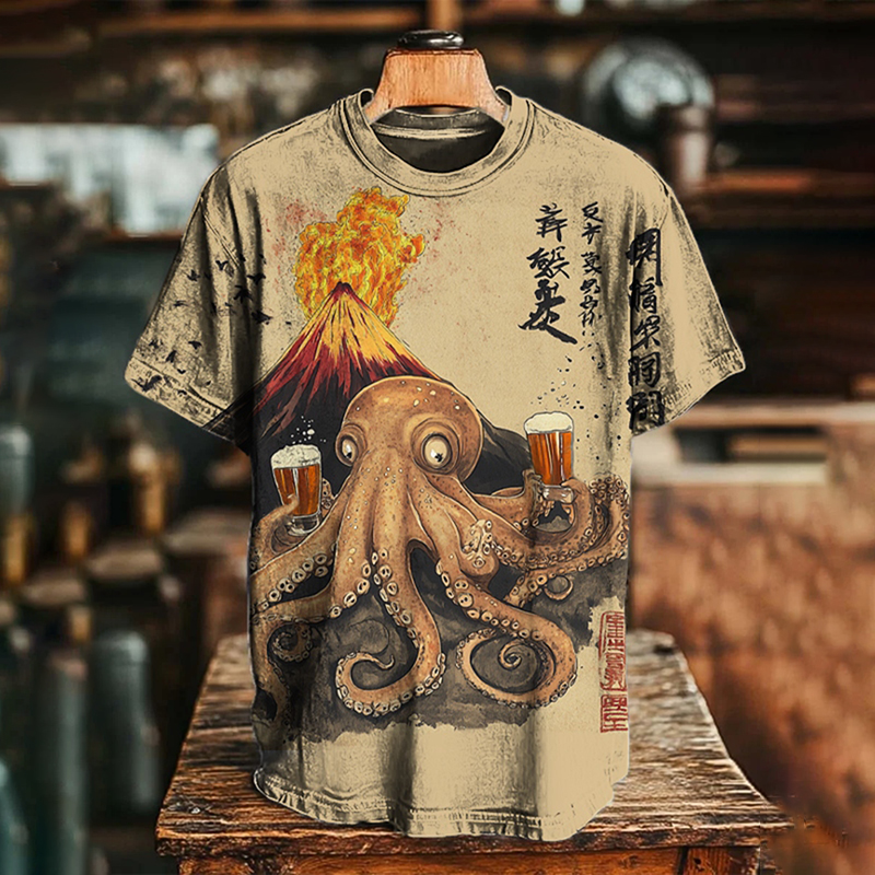 Men's Drunk Octopus Calligraphy Art Print Casual T-shirt