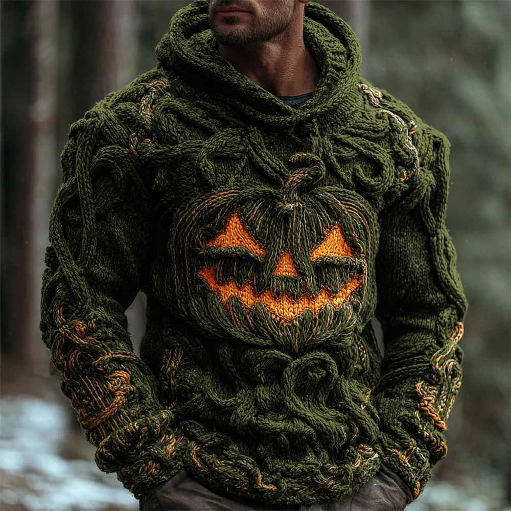 Halloween Pumpkin Emoji Men's Chunky Knit Hooded Sweater