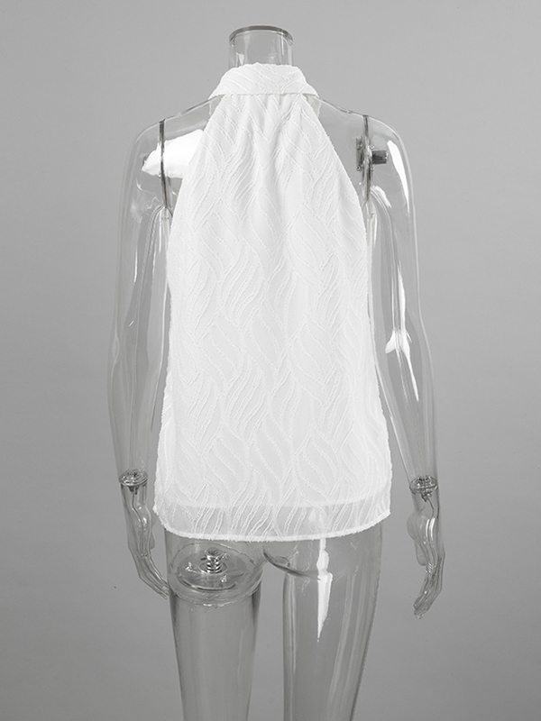 Jacquard See-Through Solid Color Sleeveless Lapel Blouses&Shirts Tops