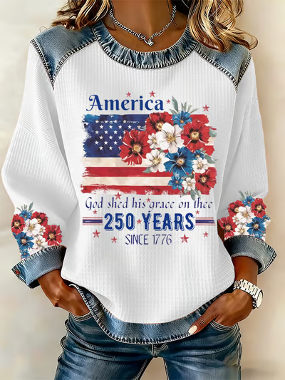 Ladies' Retro American 250Th Independence Day Round Neck Waffle Hoodie