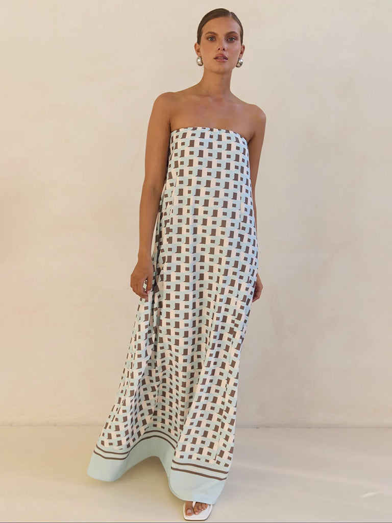 Strapless Off-shoulder Brown Checkered Print Floor Length Dress