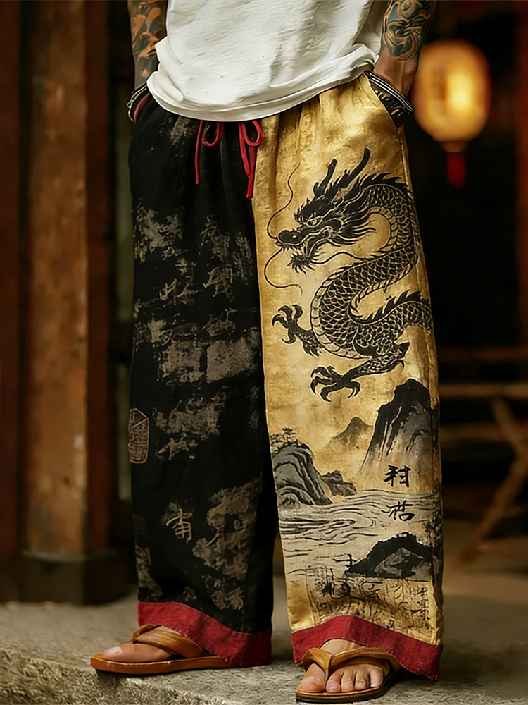 Men's Japanese Art Dragon Totem Print Contrasting Color Trousers