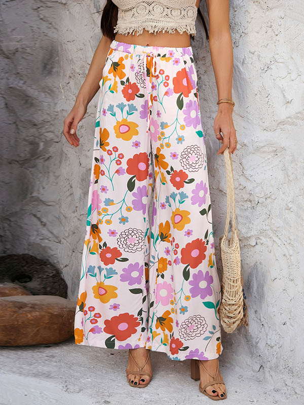 Contrast Color Drawstring Flower Print Pockets High Waisted Loose Trousers Pants