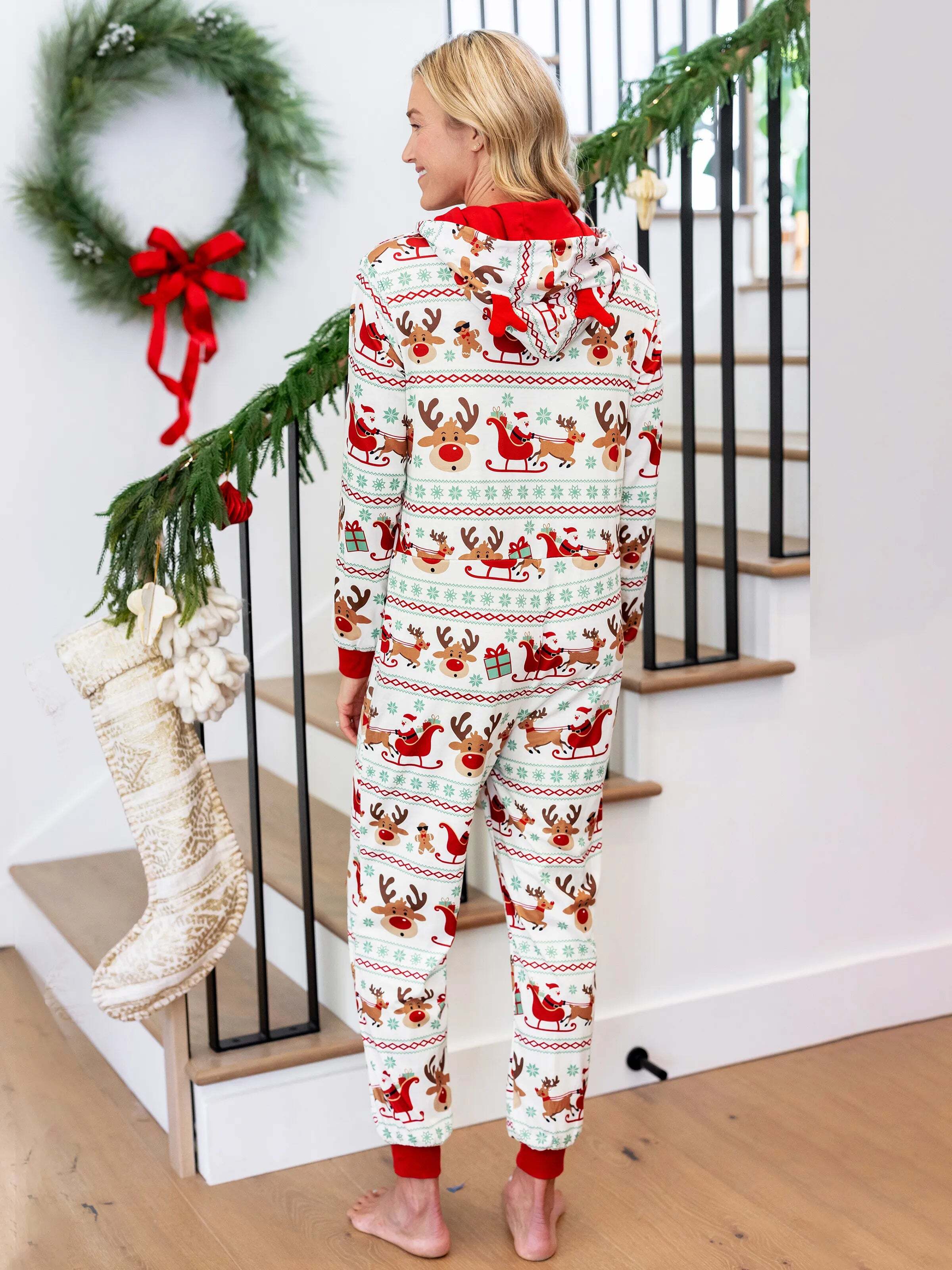 Christmas Onesies Matching Family Pajamas Set Reindeer Print Long-sleeve PJS with Christmas Socks Red