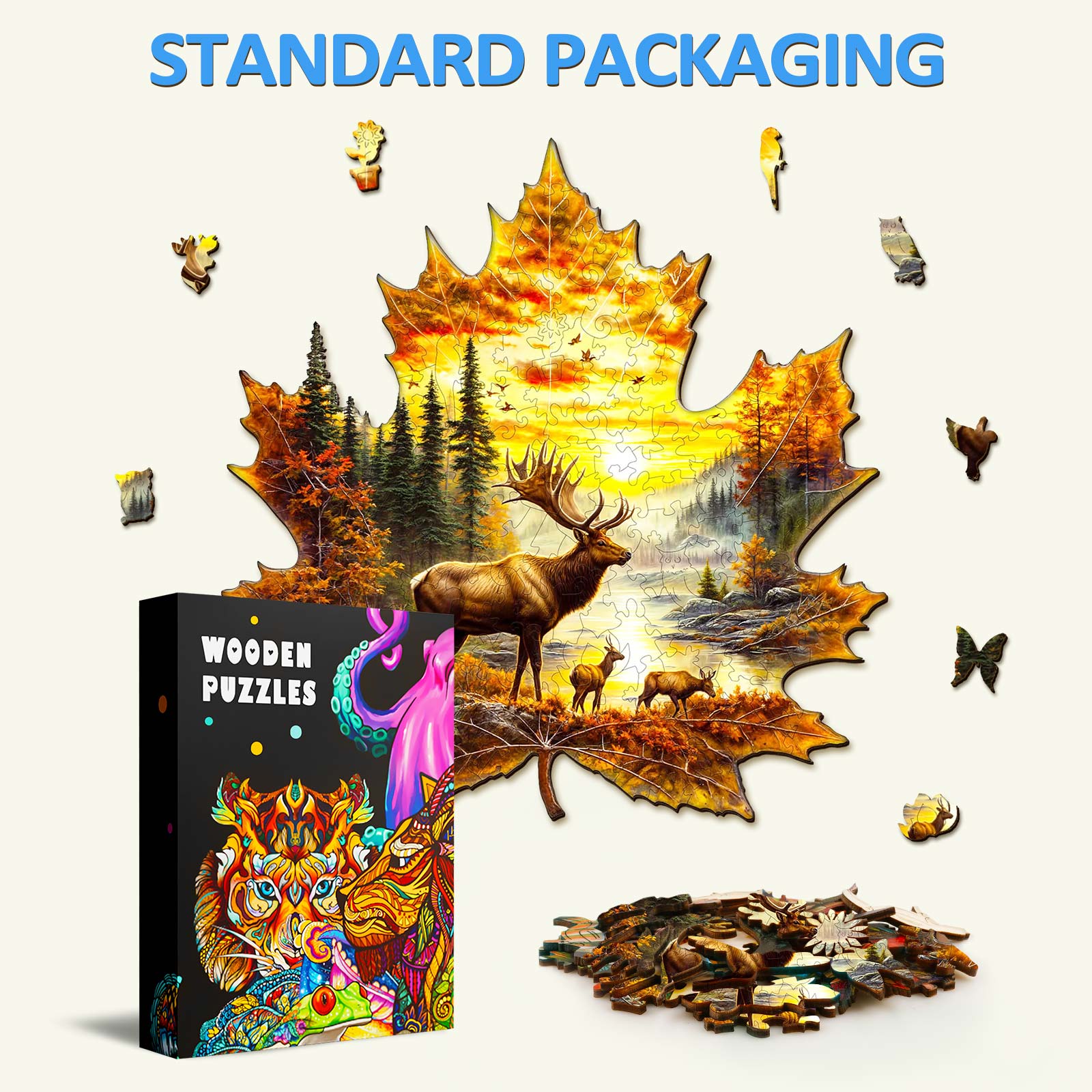 Elk and maple leaves Wooden Jigsaw Puzzle