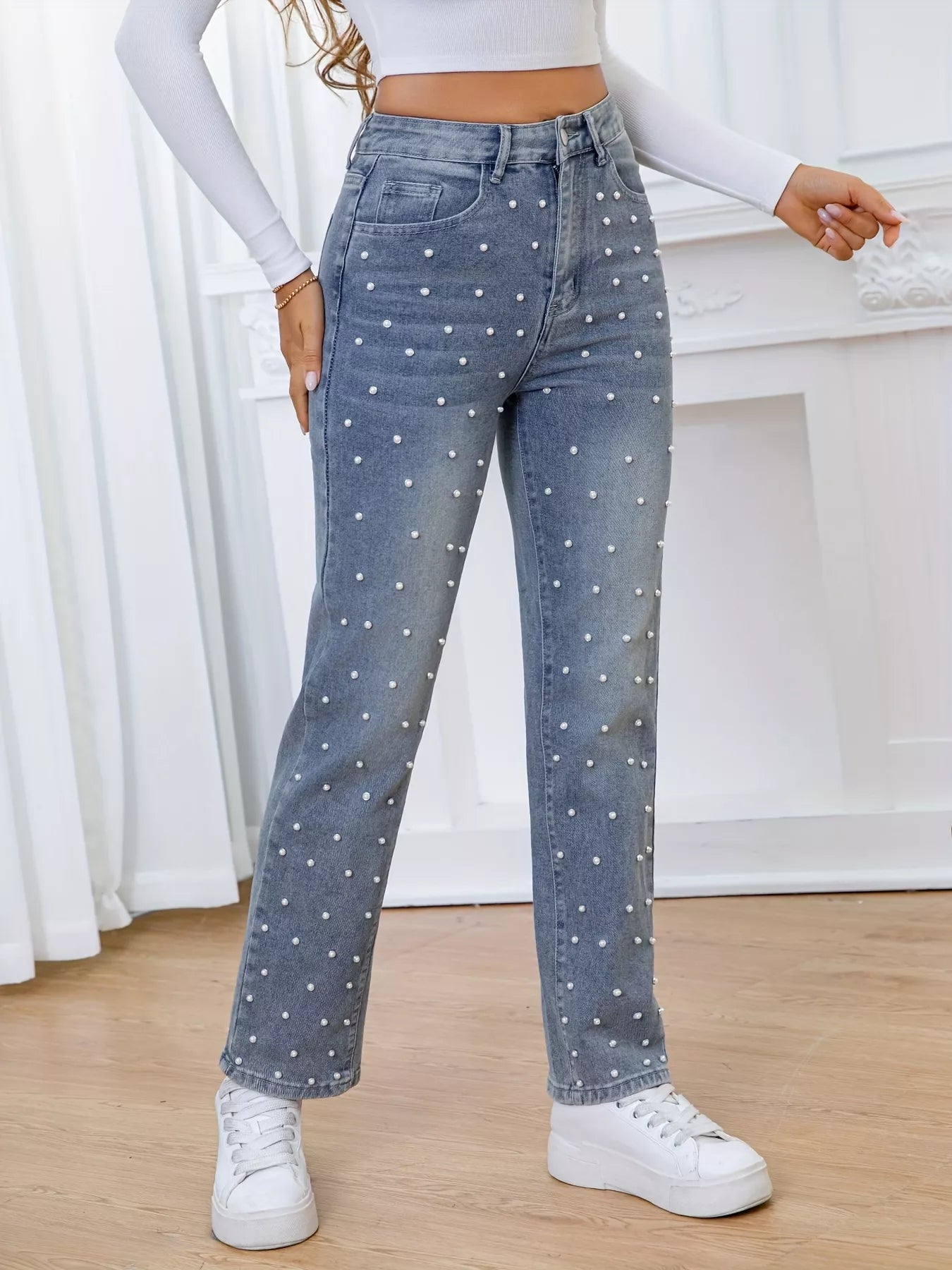 Pearl Embellished High Waist Straight Jeans