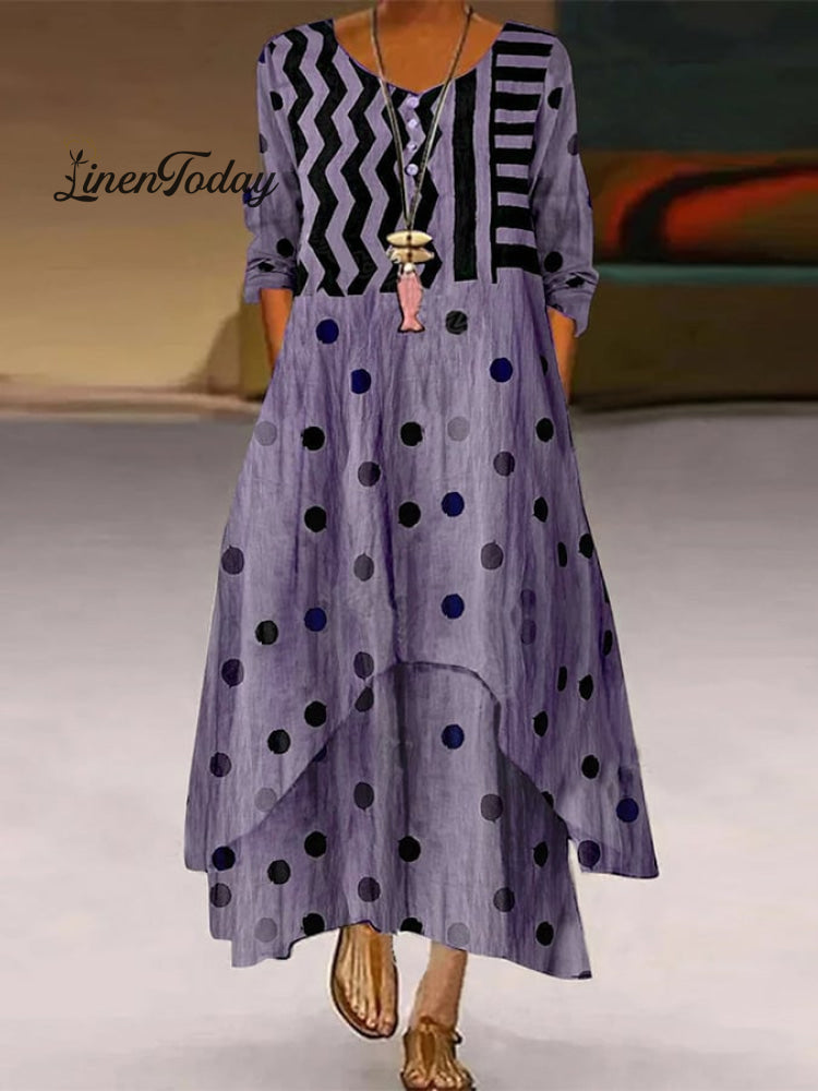 Elegant Casual Double Layer Print Contrast Color Dress