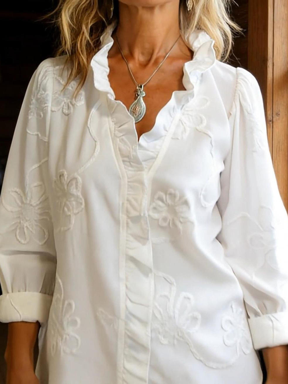 Elegant Ruffled Collar Embroidered Floral Shirt