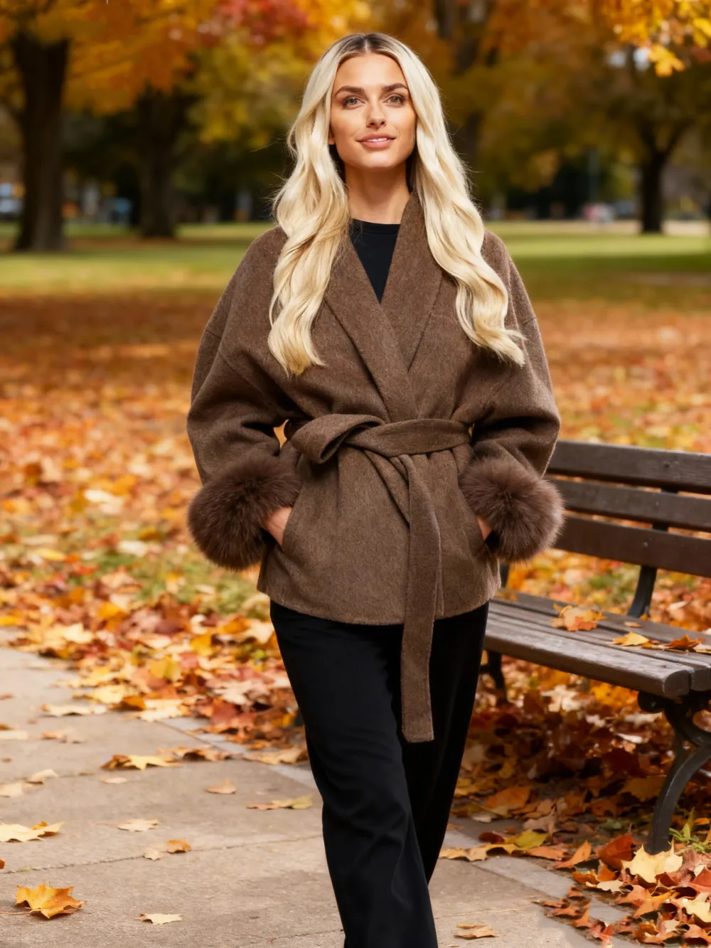 Women's Elegant Solid Color Waist Tie Plush Long Sleeve Thermal Wrap Coat