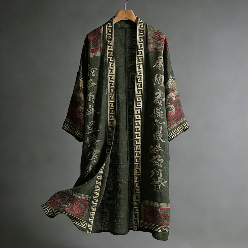 Men's Japanese Dragon Pattern Calligraphy And Painting Art Linen Long Kimono