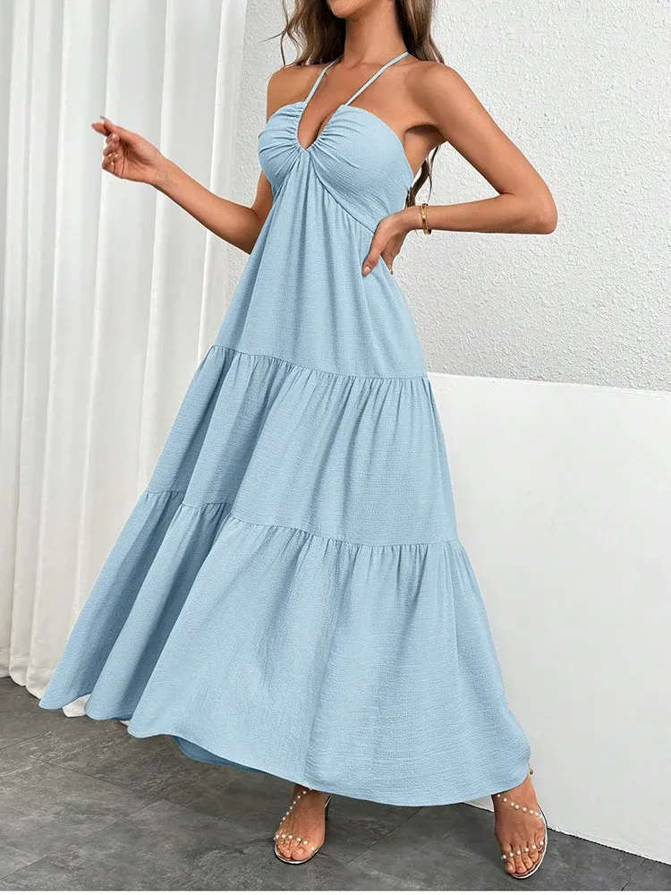 Women's Casual Fashion Solid Color Dresses V-Neck Sleeveless Dresses