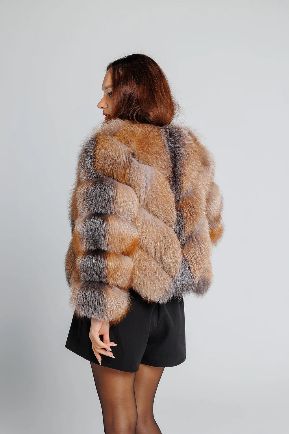 Haină din Blană Naturală de Vulpe Argintie, V Model, Transformabilă, Femei, Brown Frost 350