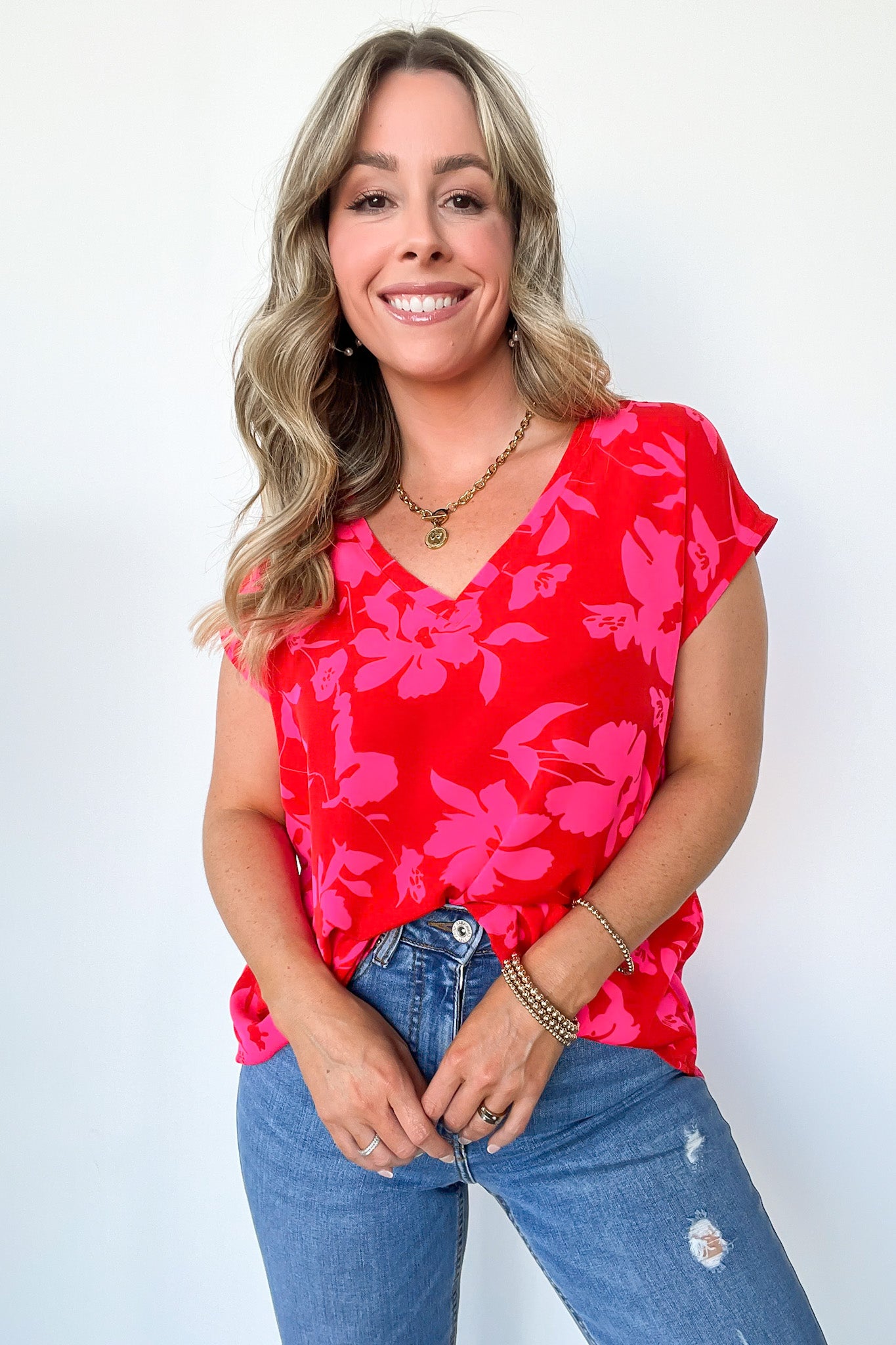 V-Neck Floral Cap Sleeve Top