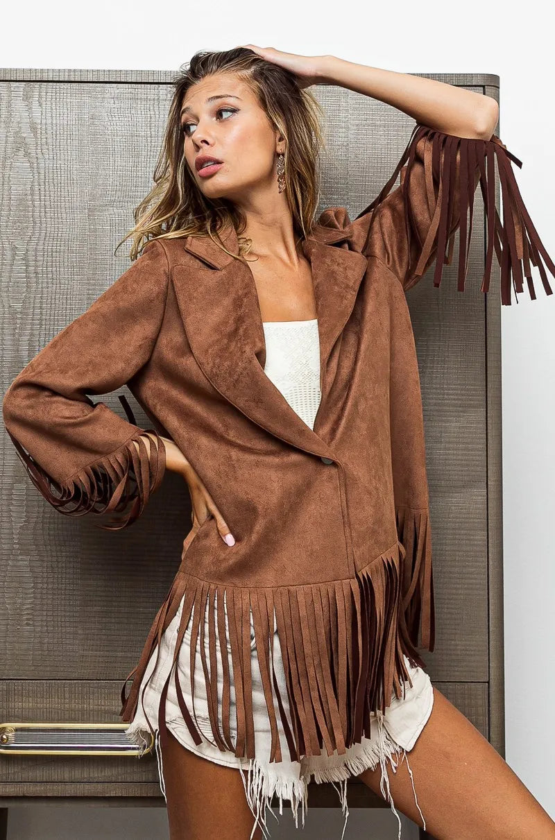 Suede Single Blazer with Fringed Hem