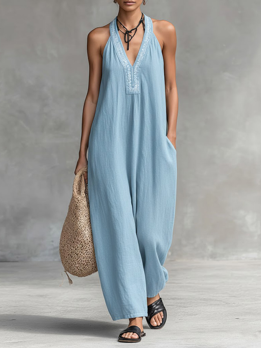 Women's Solid Color V-Neck Halter Neck Sleeveless Casual Loose Cotton Linen Wide-Leg Jumpsuit