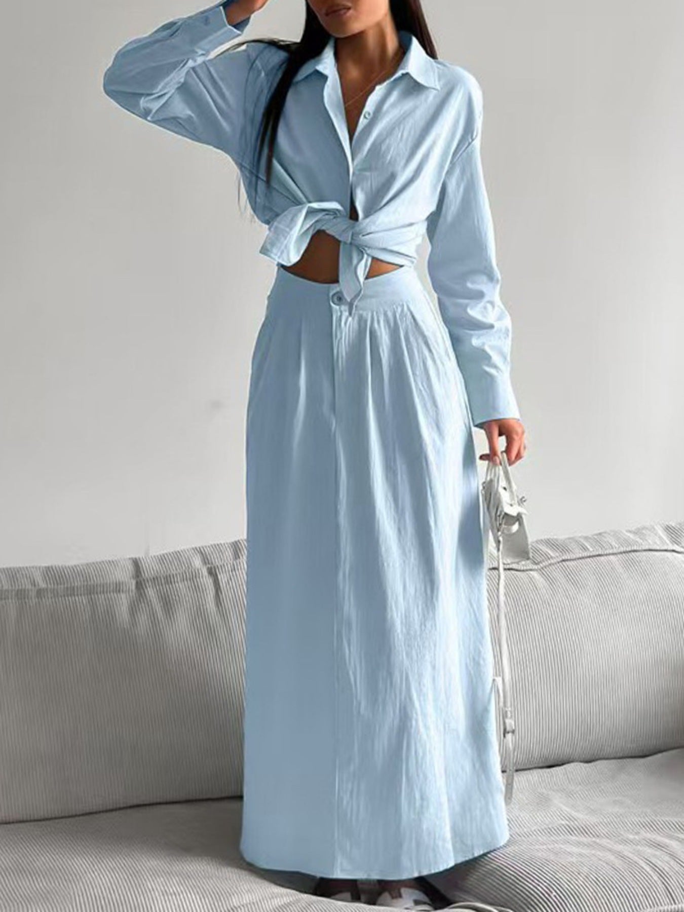 Tie-Front Shirt and Maxi Skirt Set