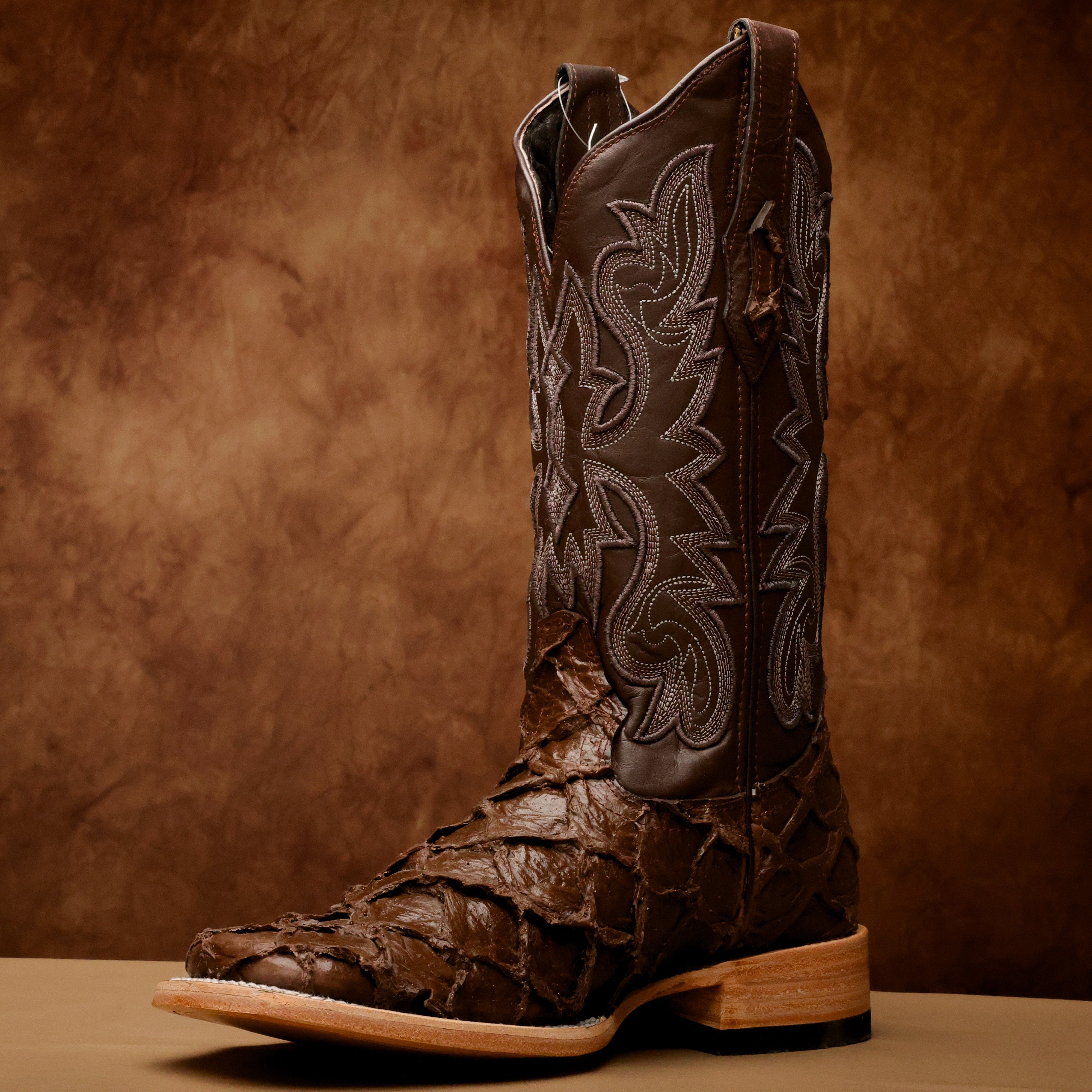 Matte Brown Jumbo Pirarucu Leather Boots - Square Toe