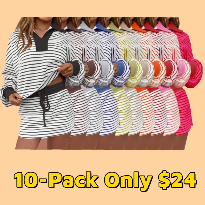 Striped 2 Piece Outfits Casual Sweatshirt Skirt Set Long Sleeve Skort Workout Set Matching Lounge Sets Women's Matching Sets