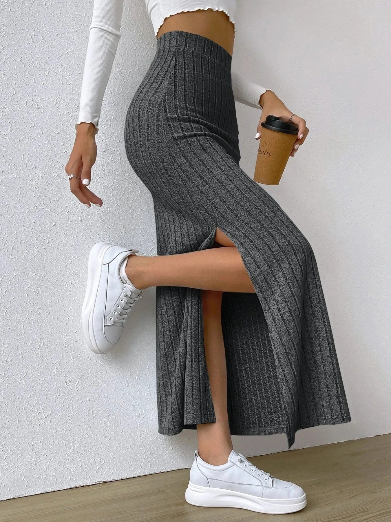 High Waist Ribbed Knit Maxi Skirt