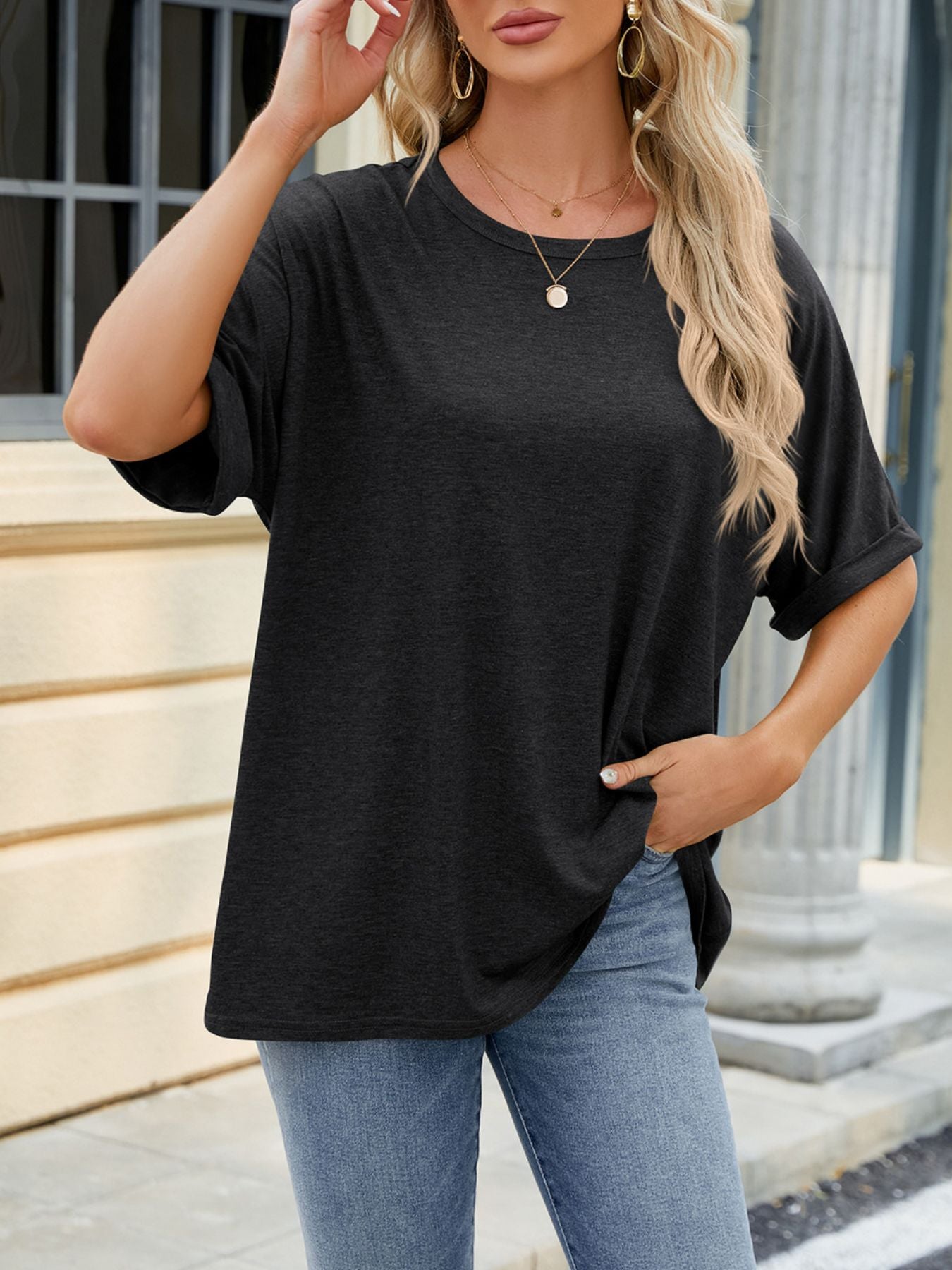 Casual Loose Fit Rolled Sleeve T-Shirt