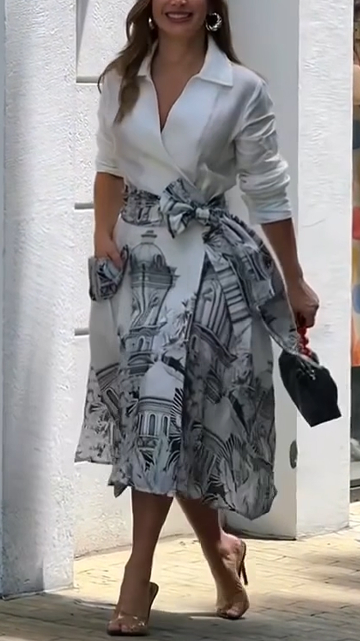 Women Collar Shirt+ Printed Half Skirt Elegant Temperament Set