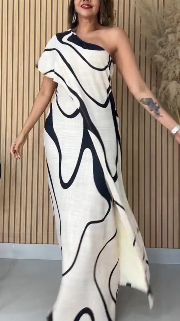 Womens Diagonal Collar Printed Casual Dress