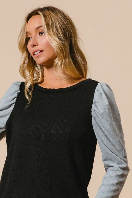Cable Sweater Knit Top with Contrast Puff Sleeve