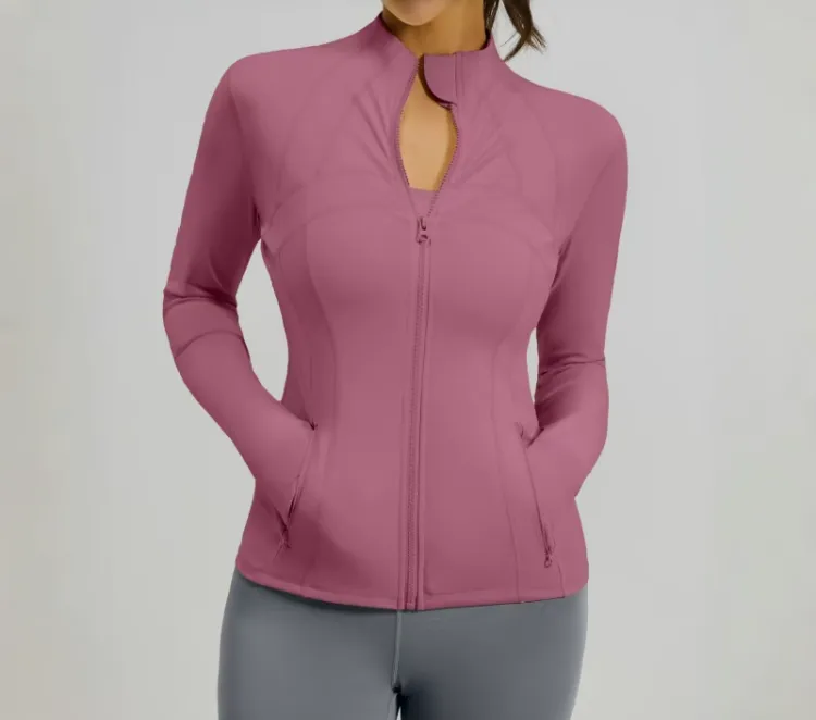 Women’s Slim Fit Full Zip Athletic Jacket with Zip Pockets – Long Sleeve Workout Top