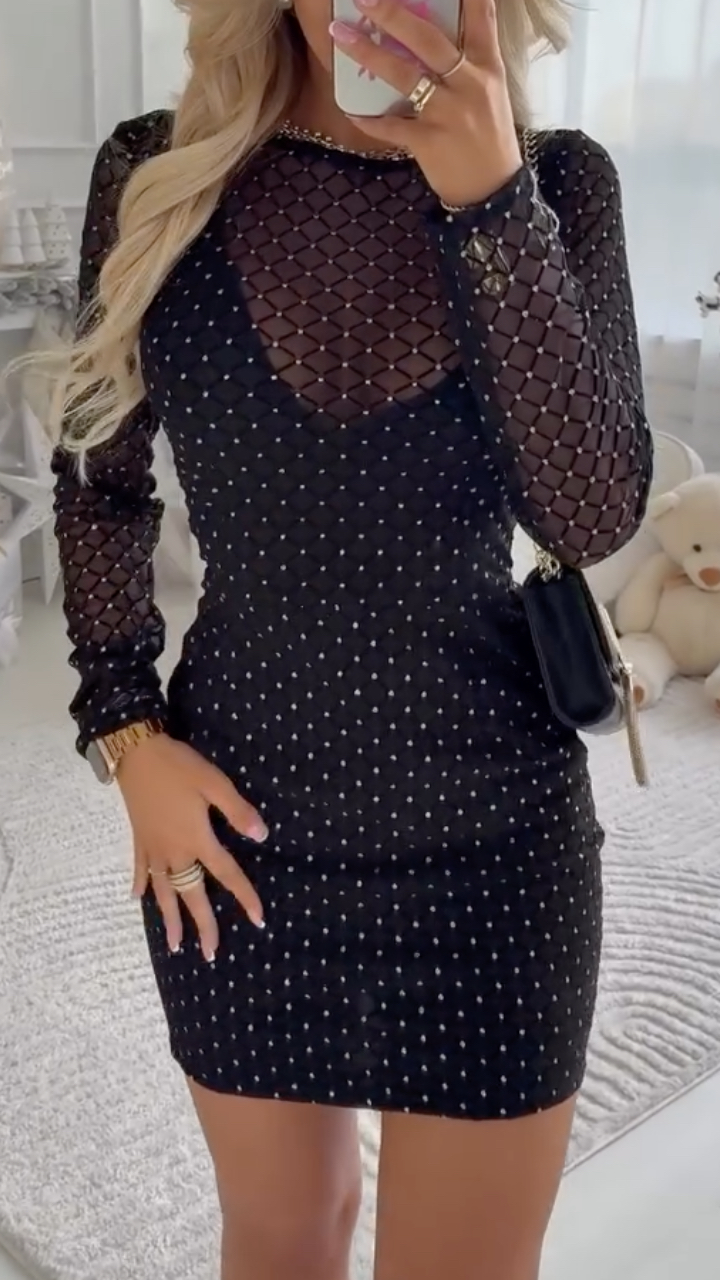 Women Round Neck Plaid Hot Pressed Diamond Sexy Temperament Dress