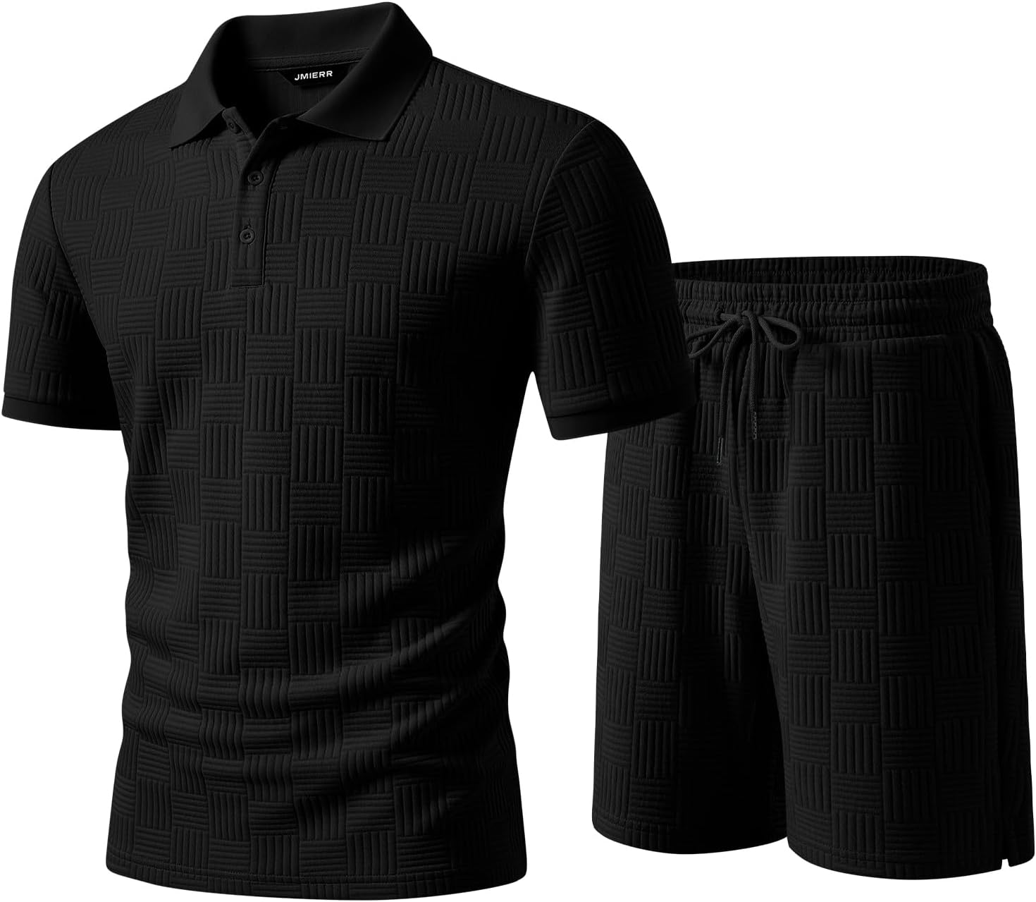 Mens Sweatsuits Sets Summer Tracksuits 2 Piece Outfits Textured Short Sleeve Golf Polo Drawstring Short