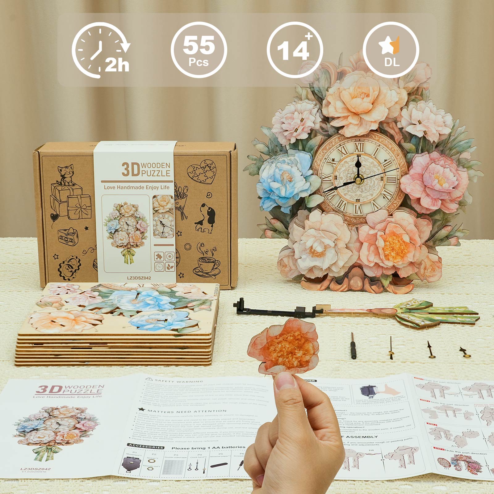 Bouquetâ€“ DIY Wooden Clock, 3D Puzzle Craft Kit